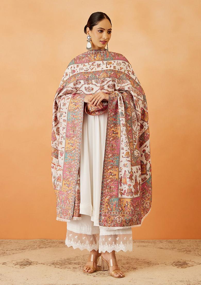 White Paisley Woolen Shawls - Indya