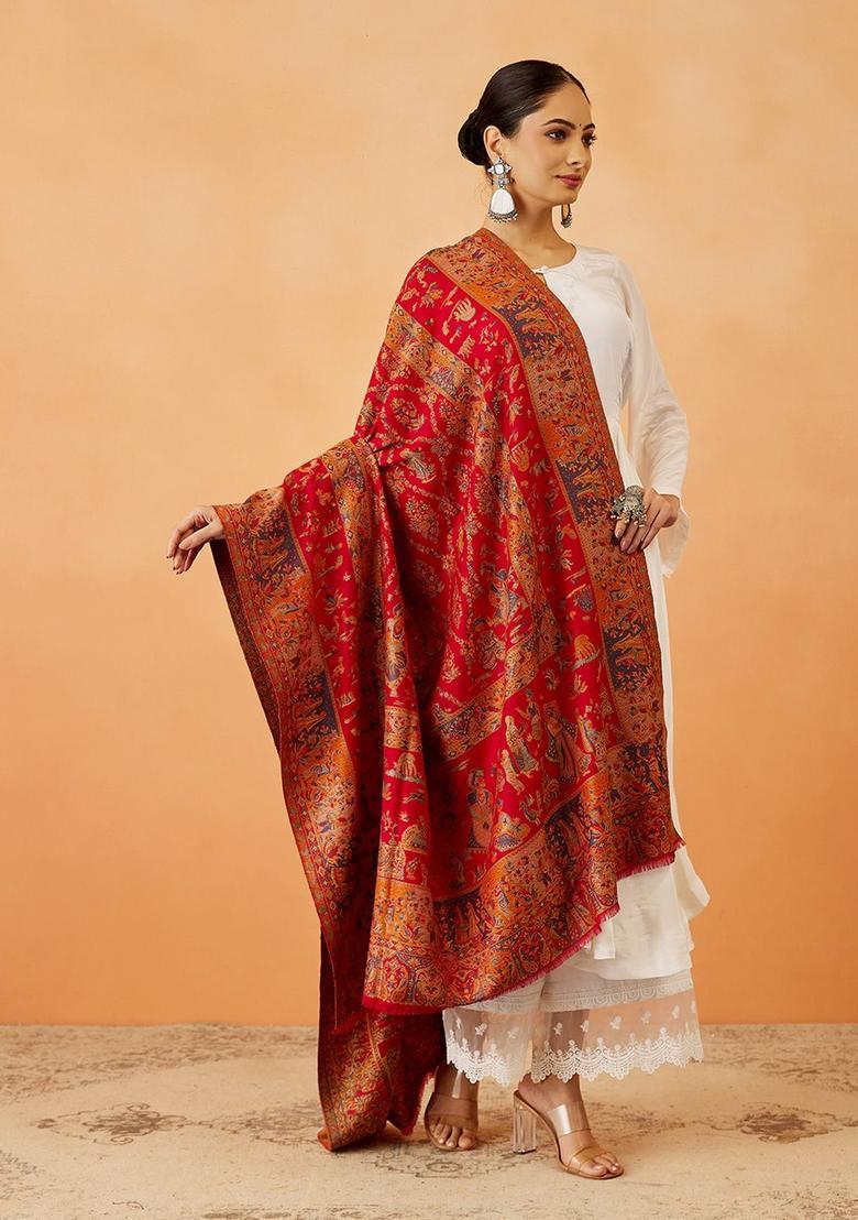 Maroon Woven Design Woolen Shawls - Indya