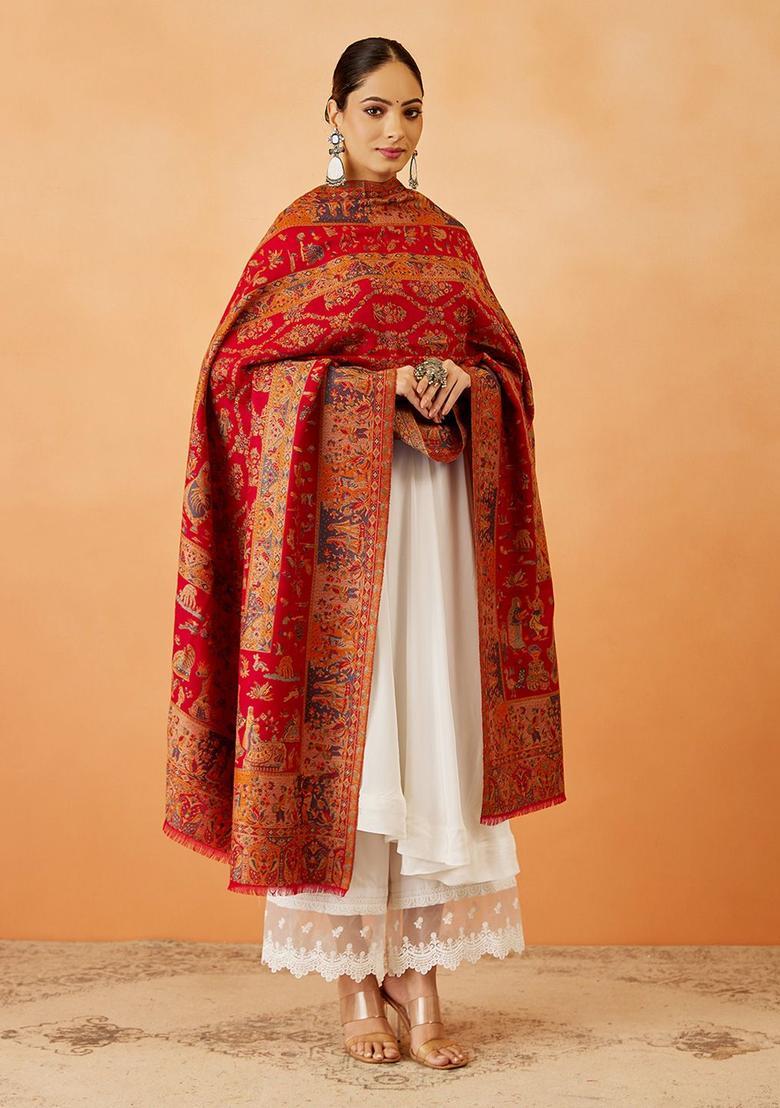 Maroon Woven Design Woolen Shawls - Indya