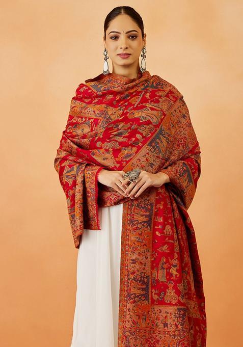 Maroon Woven Design Woolen Shawls