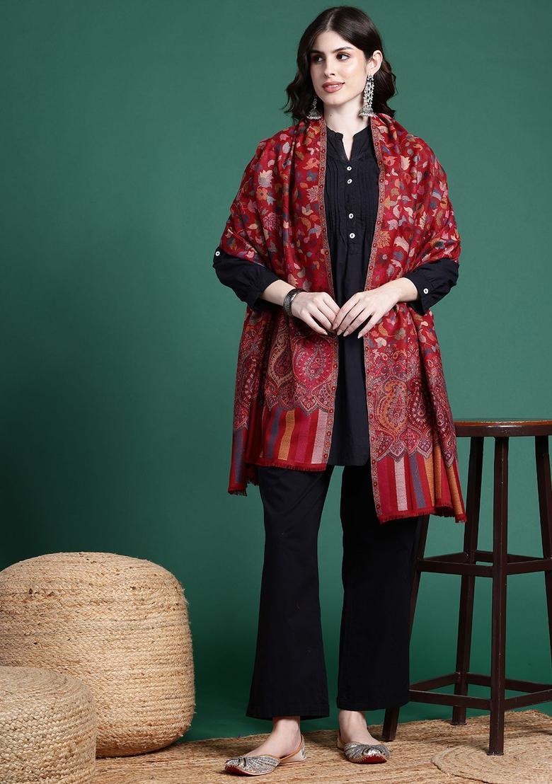 Maroon Floral Woolen Shawls - Indya