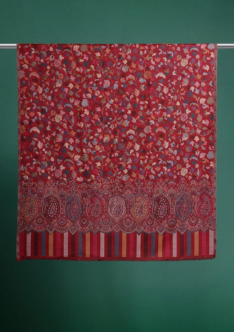 Maroon Floral Woolen Shawls - Indya