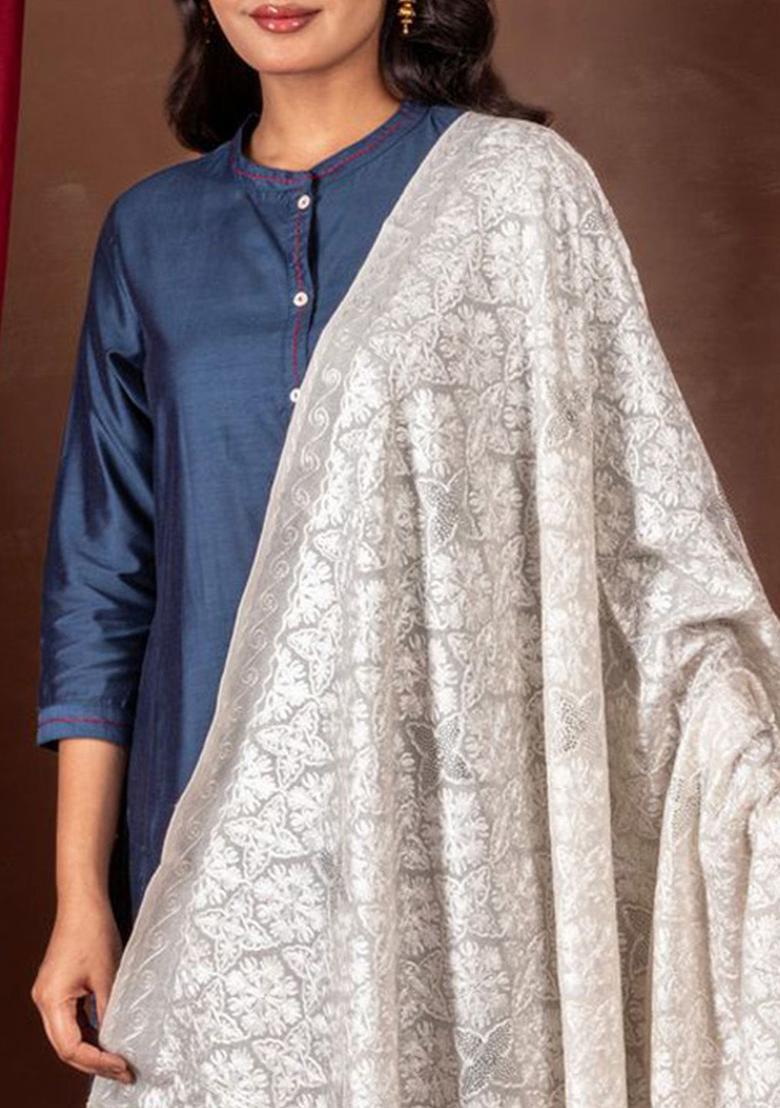 White Floral Woolen Shawls - Indya