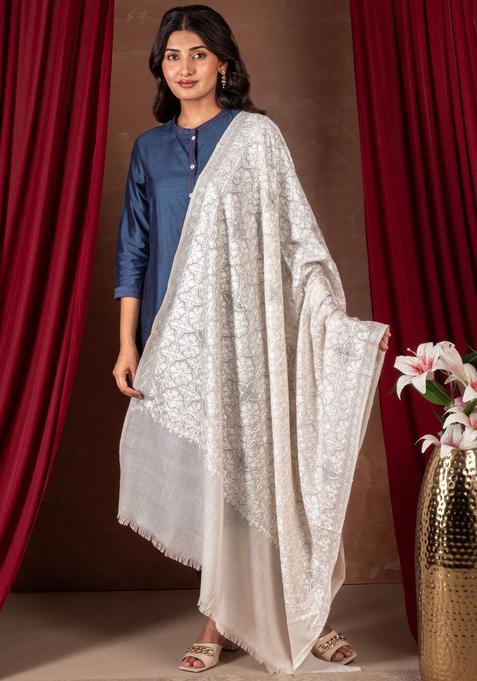 White Floral Woolen Shawls