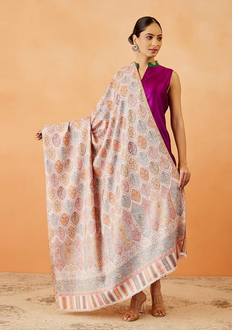 White Paisley Woolen Shawls - Indya