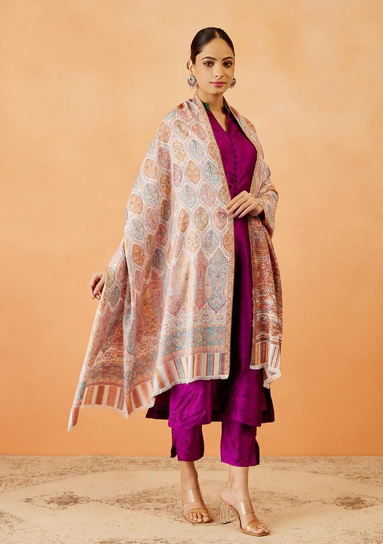 White Paisley Woolen Shawls - Indya