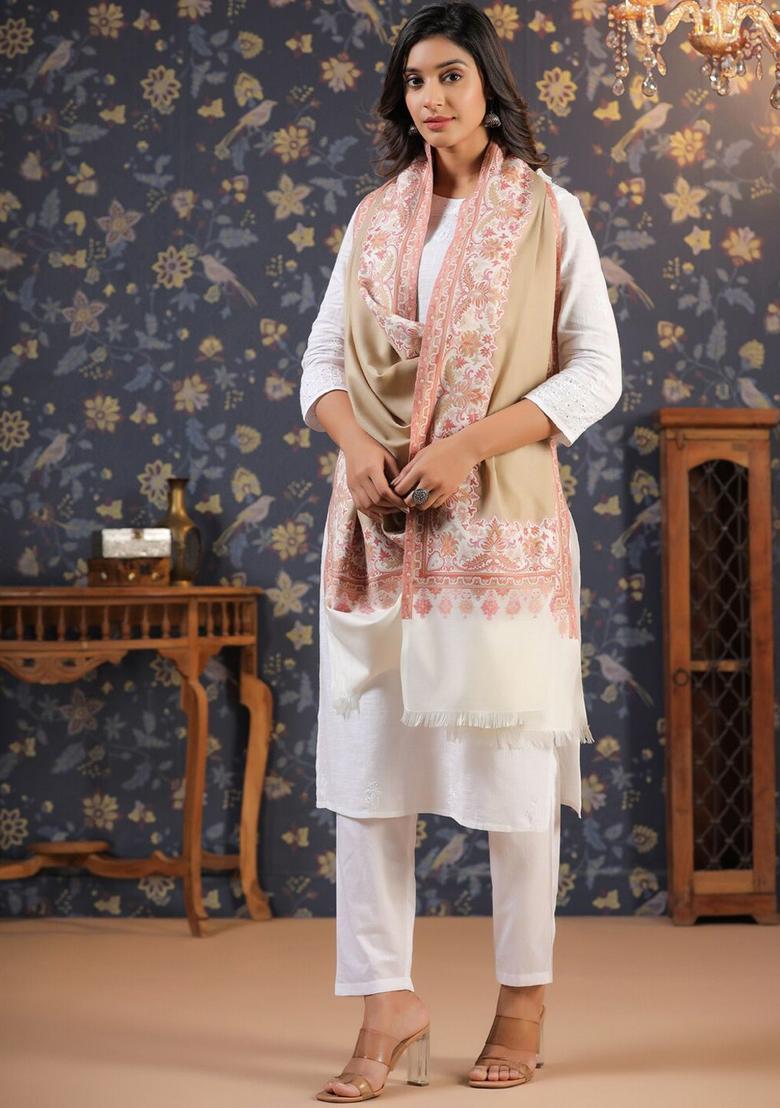 Beige Woven Design Woolen Shawls - Indya
