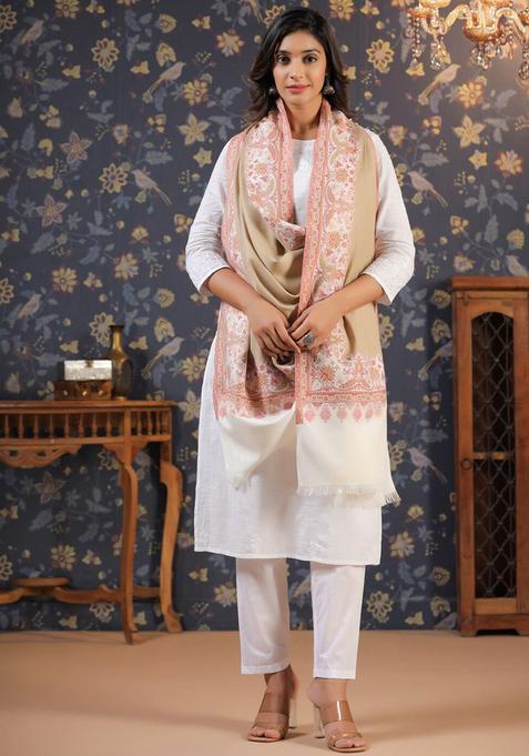 Beige Woven Design Woolen Shawls
