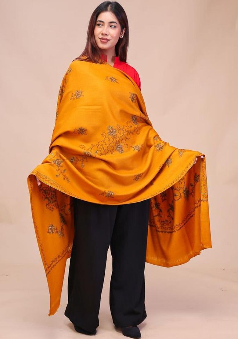 Mustard Floral Woolen Shawls - Indya