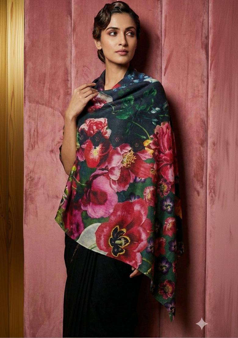 Pink Floral Woolen Shawls - Indya