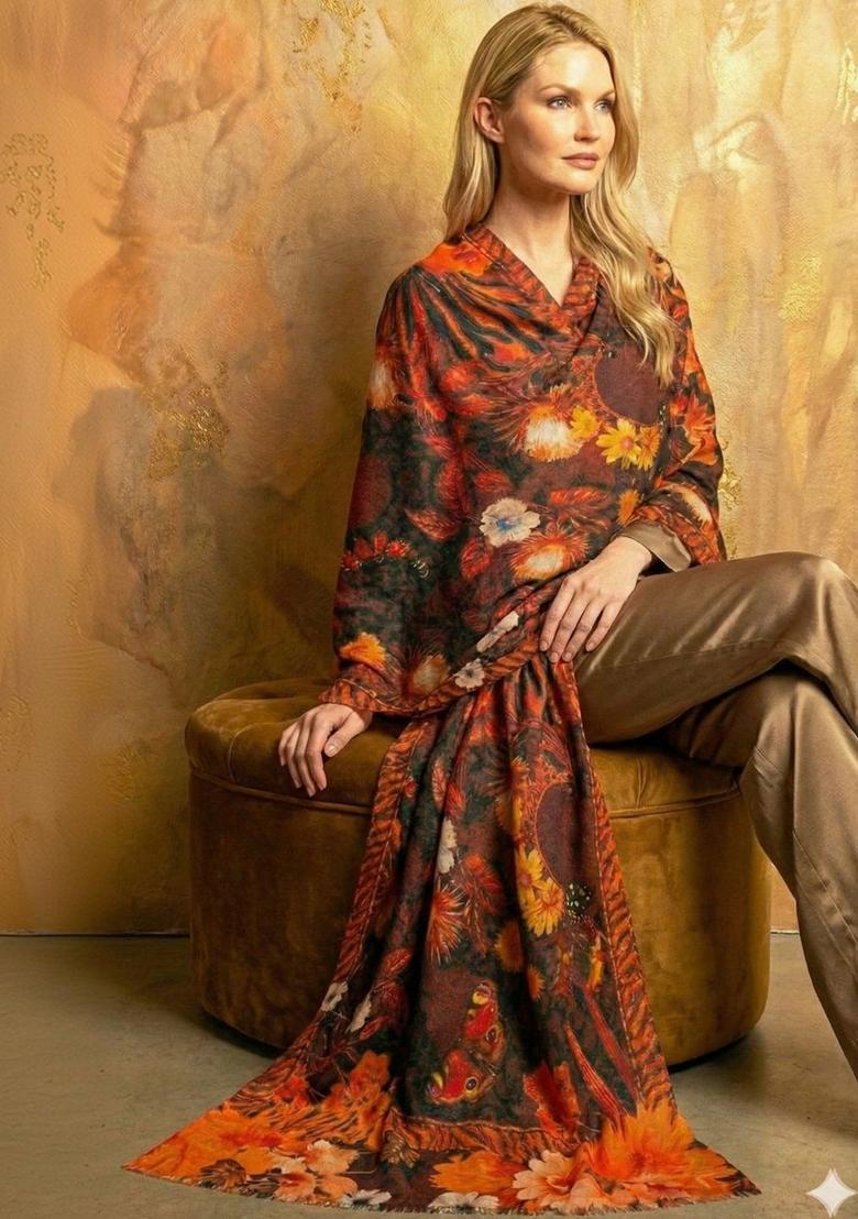Orange Floral Woolen Shawls - Indya