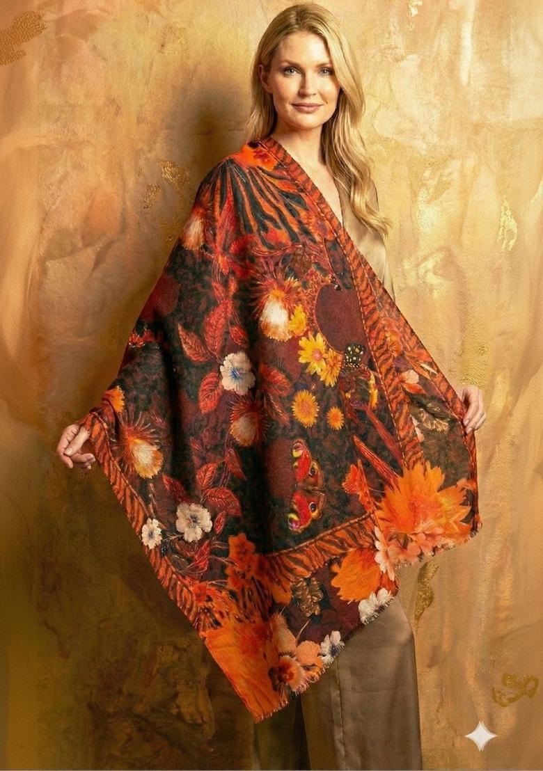 Orange Floral Woolen Shawls - Indya