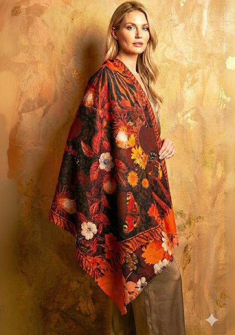 Orange Floral Woolen Shawls