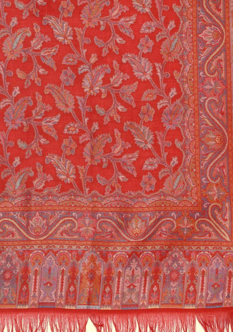 Red Woven Design Woolen Shawls - Indya