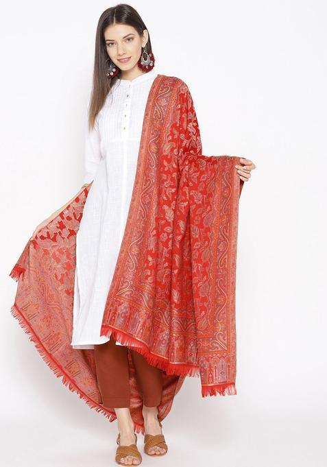 Red Woven Design Woolen Shawls
