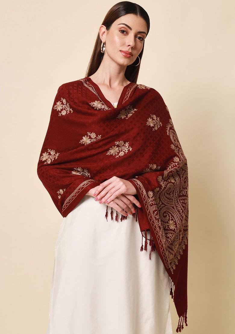 Maroon Paisley Woolen Shawls - Indya
