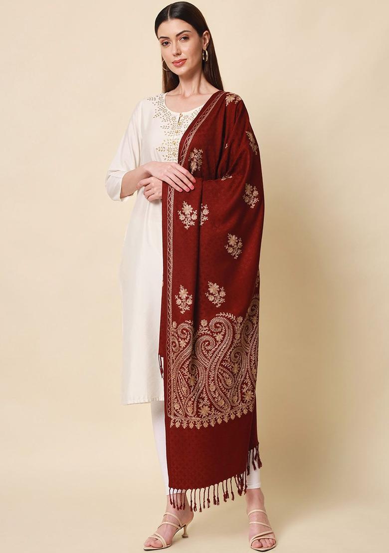 Maroon Paisley Woolen Shawls - Indya