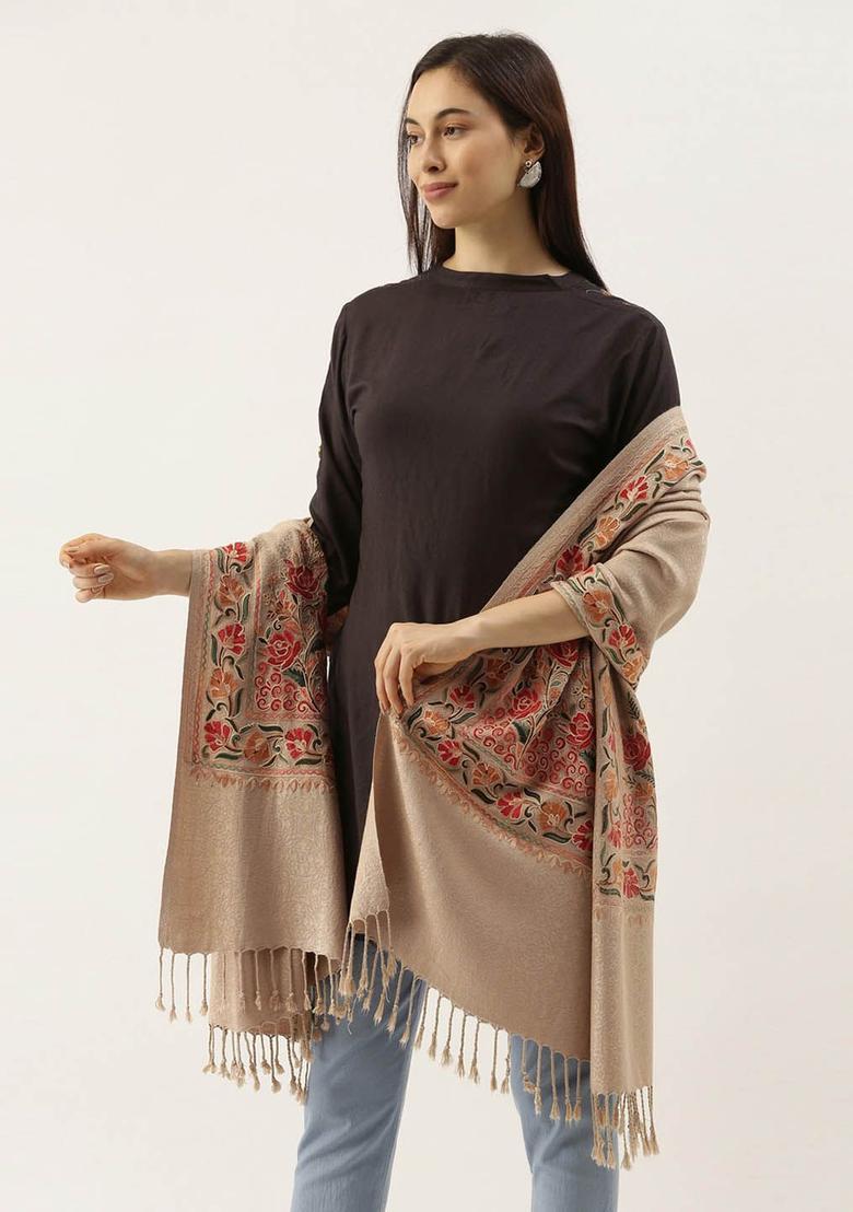 Beige Floral Woolen Shawls - Indya