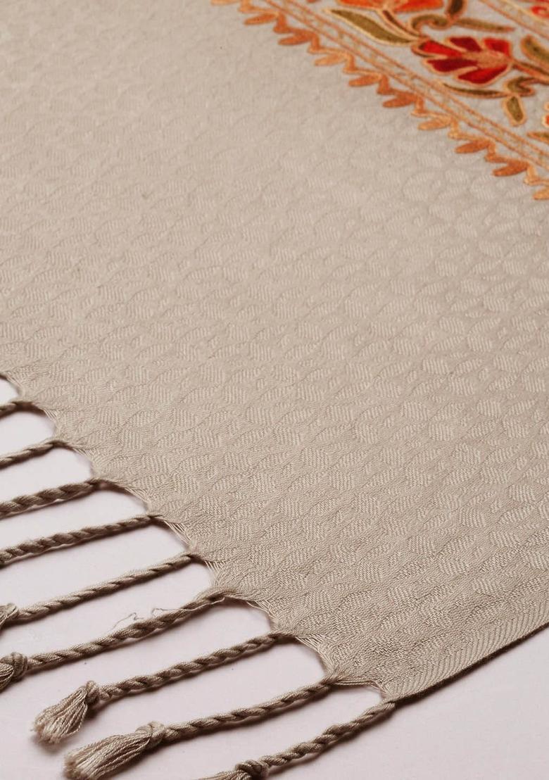 Beige Floral Woolen Shawls - Indya