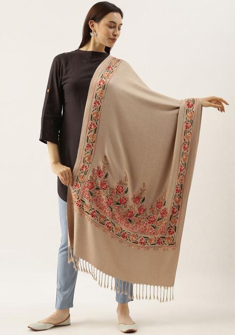 Beige Floral Woolen Shawls