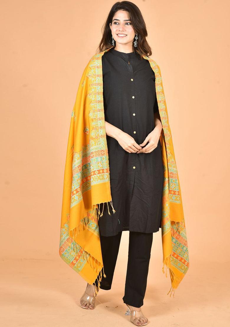 Mustard Woven Design Woolen Shawls - Indya