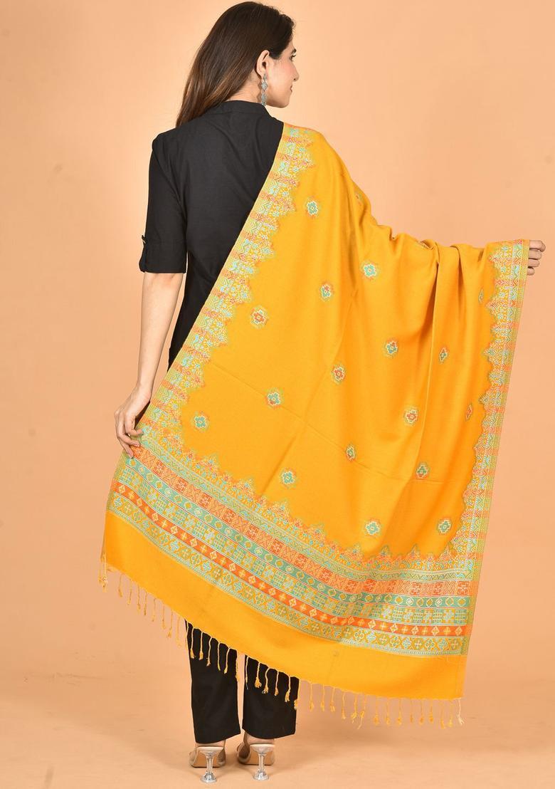 Mustard Woven Design Woolen Shawls - Indya