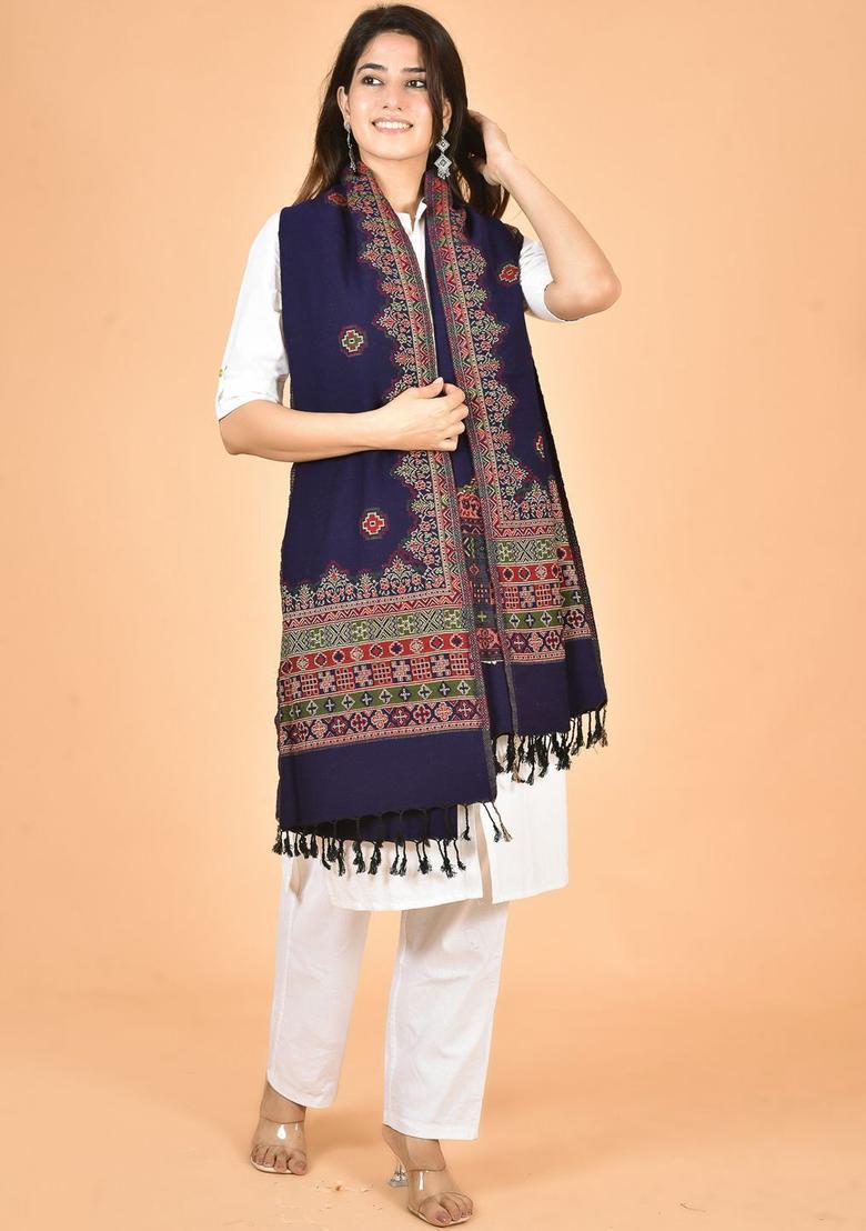 Navy Blue Woven Design Woolen Shawls - Indya