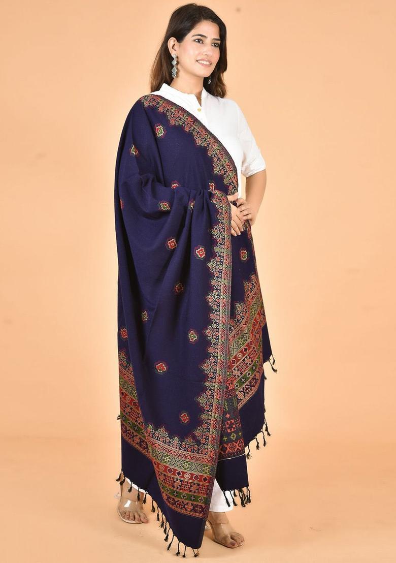 Navy Blue Woven Design Woolen Shawls - Indya
