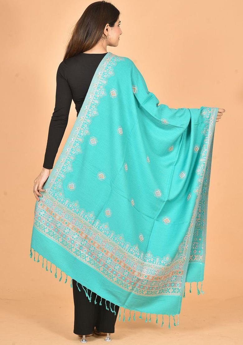 Fluorescent Green Woven Design Woolen Shawls - Indya