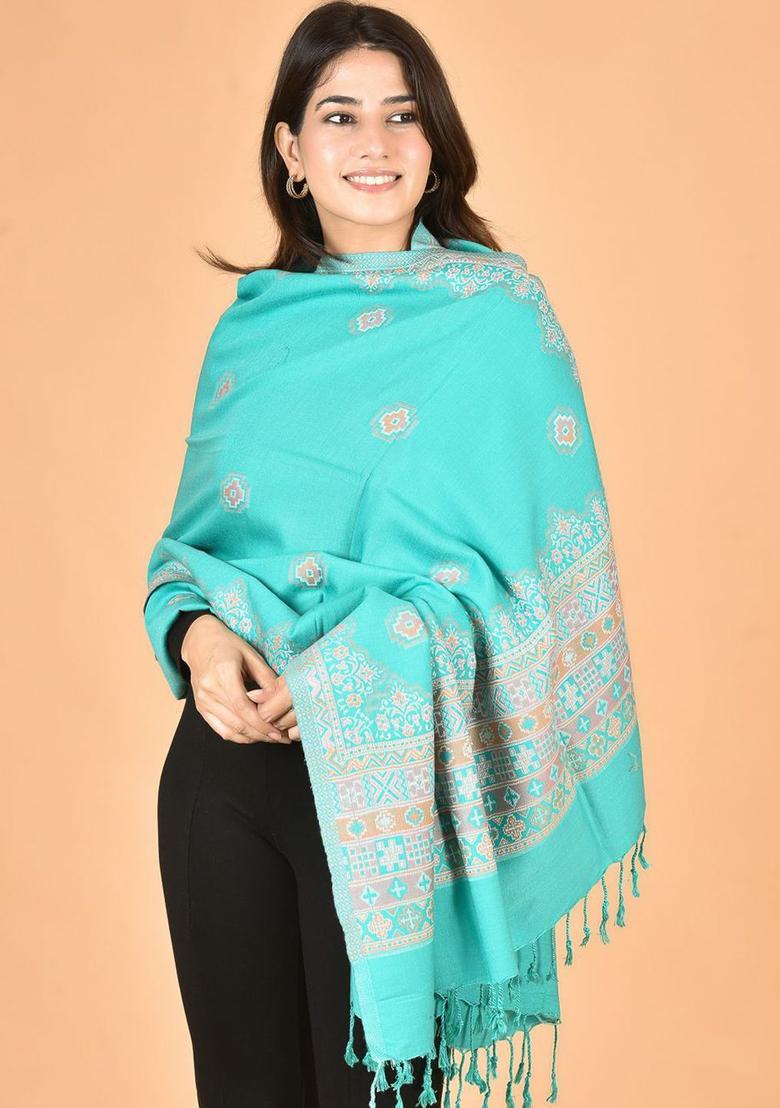 Fluorescent Green Woven Design Woolen Shawls - Indya