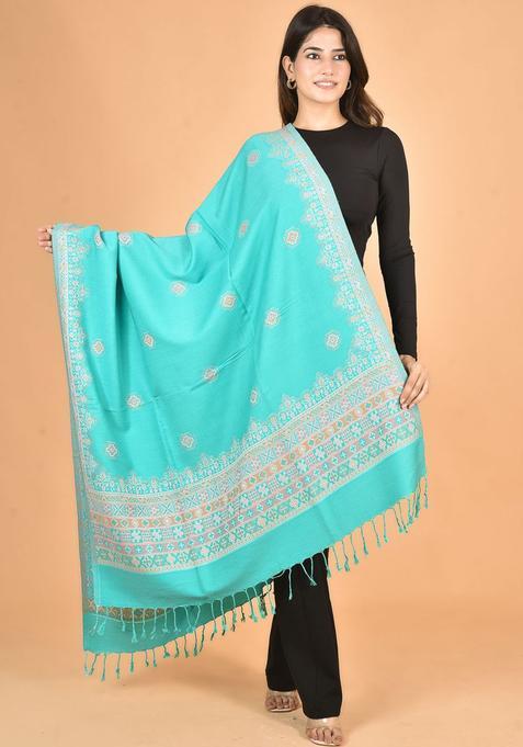 Fluorescent Green Woven Design Woolen Shawls