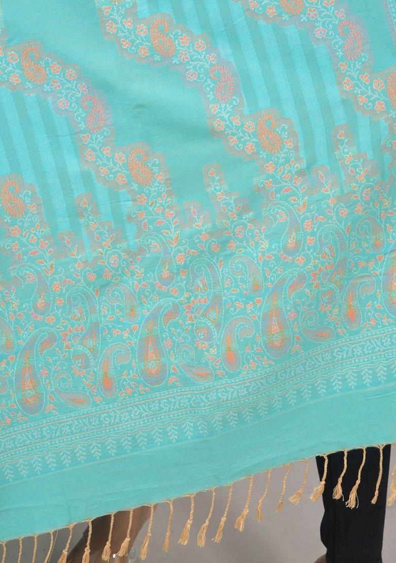 Turquoise Blue Paisley Woolen Shawls - Indya