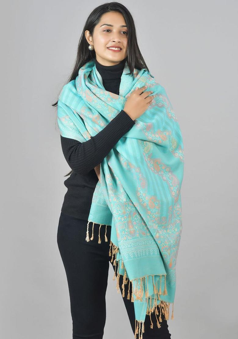 Turquoise Blue Paisley Woolen Shawls - Indya