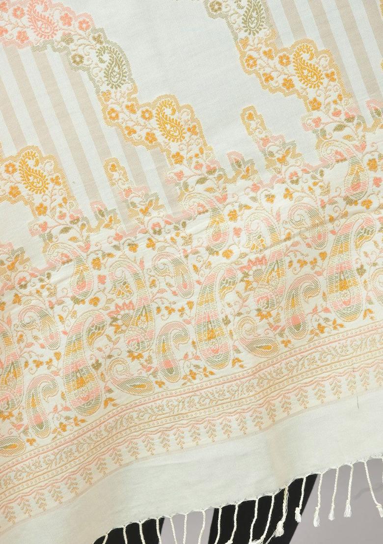 White Paisley Woolen Shawls - Indya