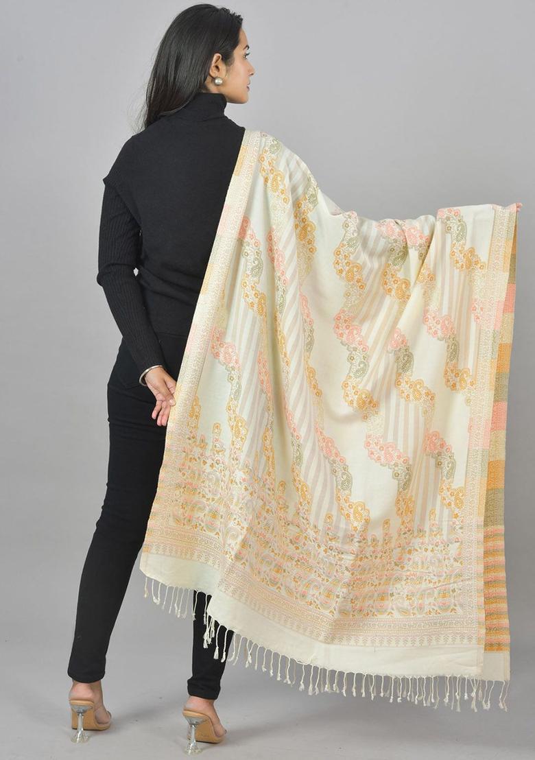 White Paisley Woolen Shawls - Indya