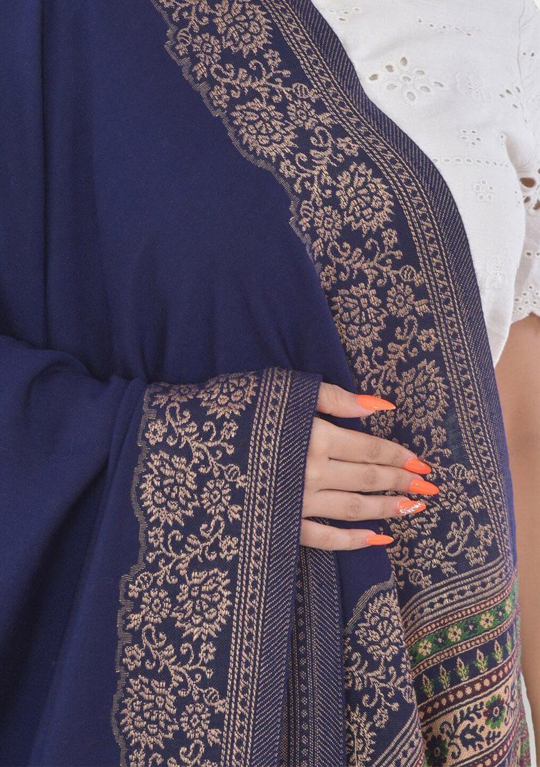 Navy Blue Woven Design Woolen Shawls - Indya