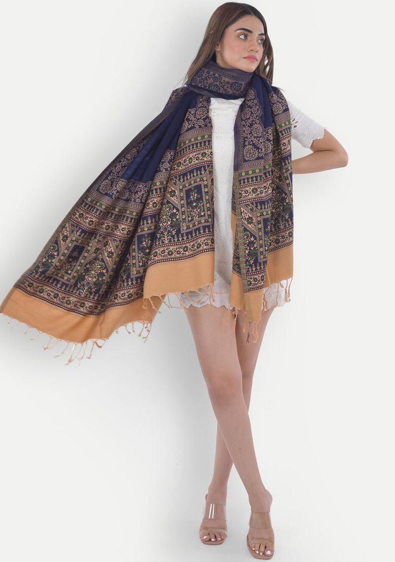 Navy Blue Woven Design Woolen Shawls - Indya