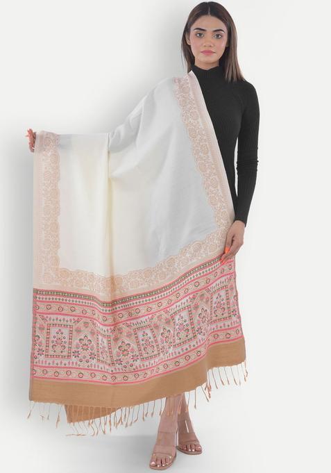 White Woven Design Woolen Shawls