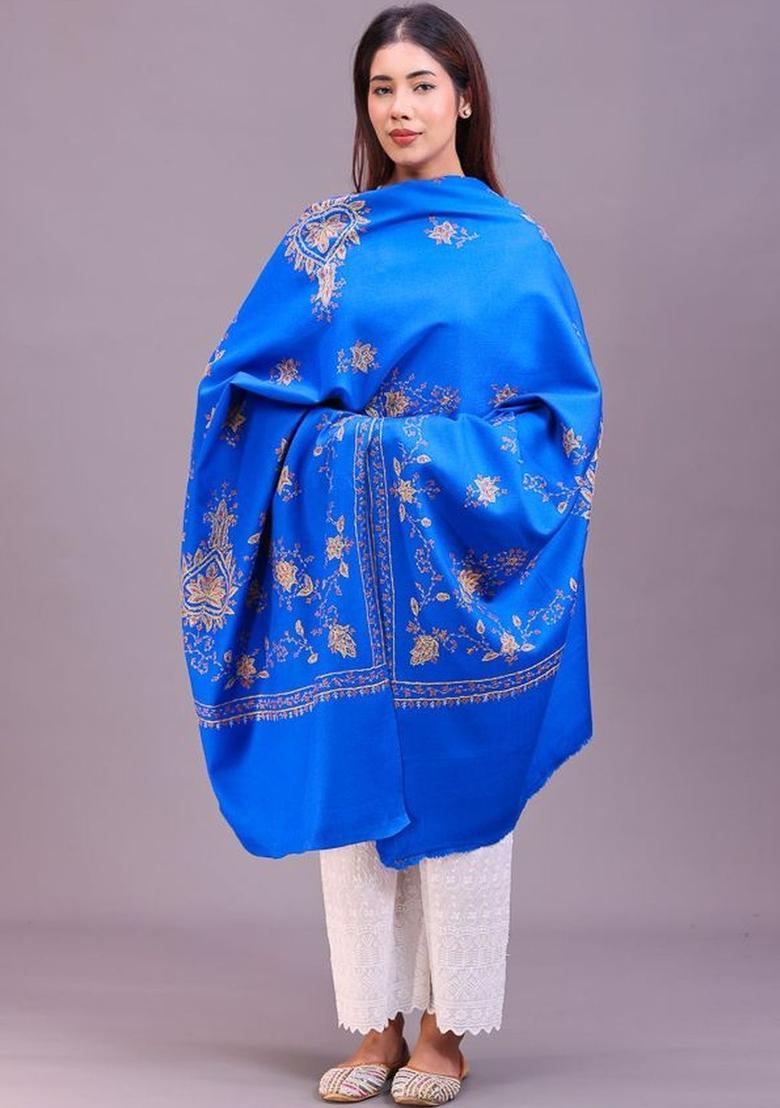 Blue Floral Woolen Shawls - Indya