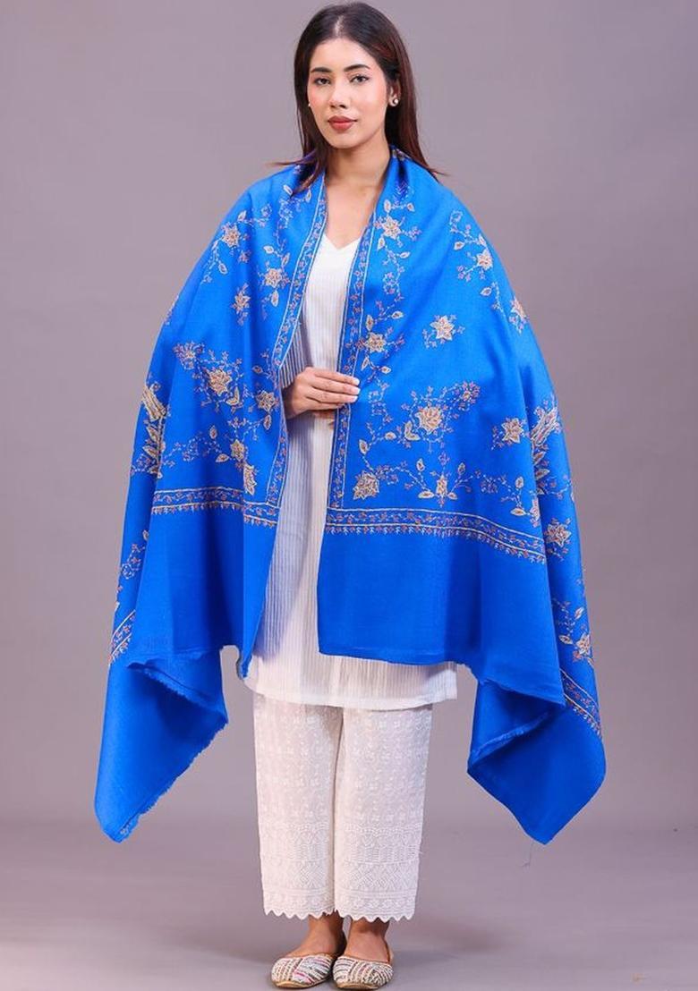 Blue Floral Woolen Shawls - Indya