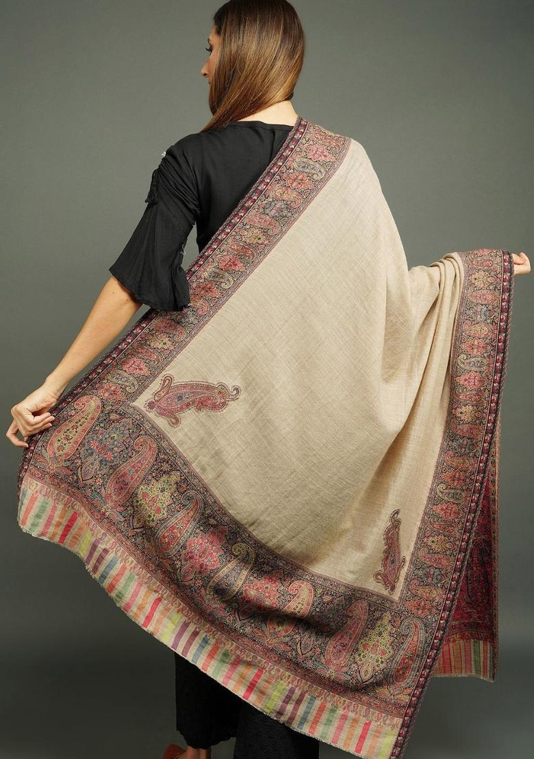 Beige Paisley Woolen Shawls - Indya
