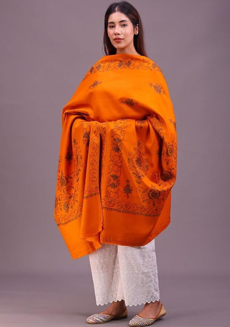 Rust Floral Woolen Shawls - Indya