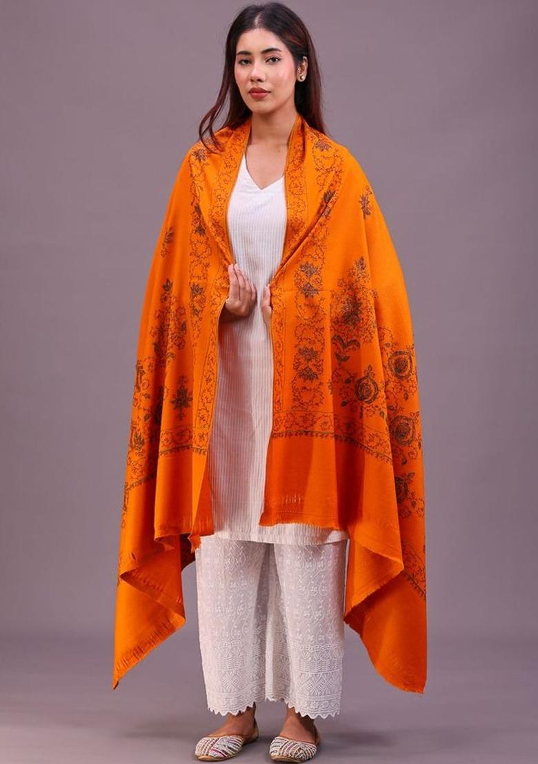 Rust Floral Woolen Shawls - Indya