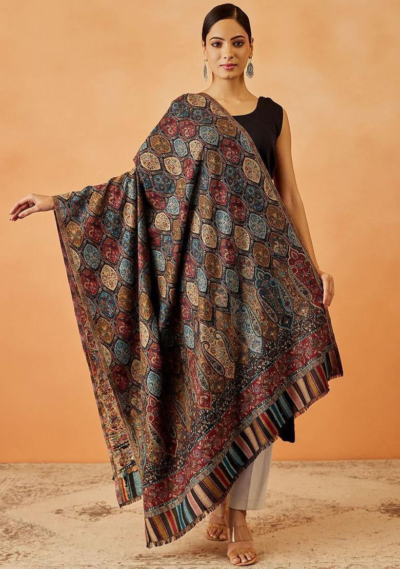 Black Paisley Woolen Shawls - Indya
