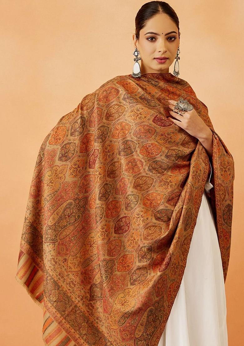 Beige Paisley Woolen Shawls - Indya