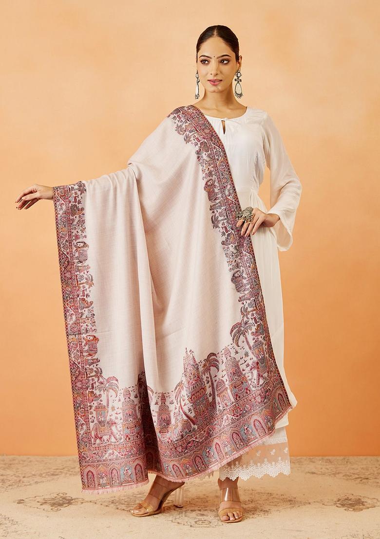 White Paisley Woolen Shawls - Indya