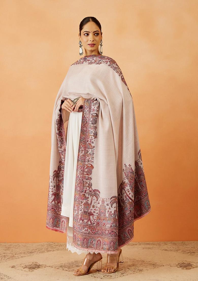 White Paisley Woolen Shawls - Indya