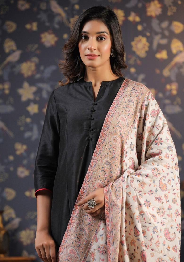 White Woven Design Woolen Shawls - Indya