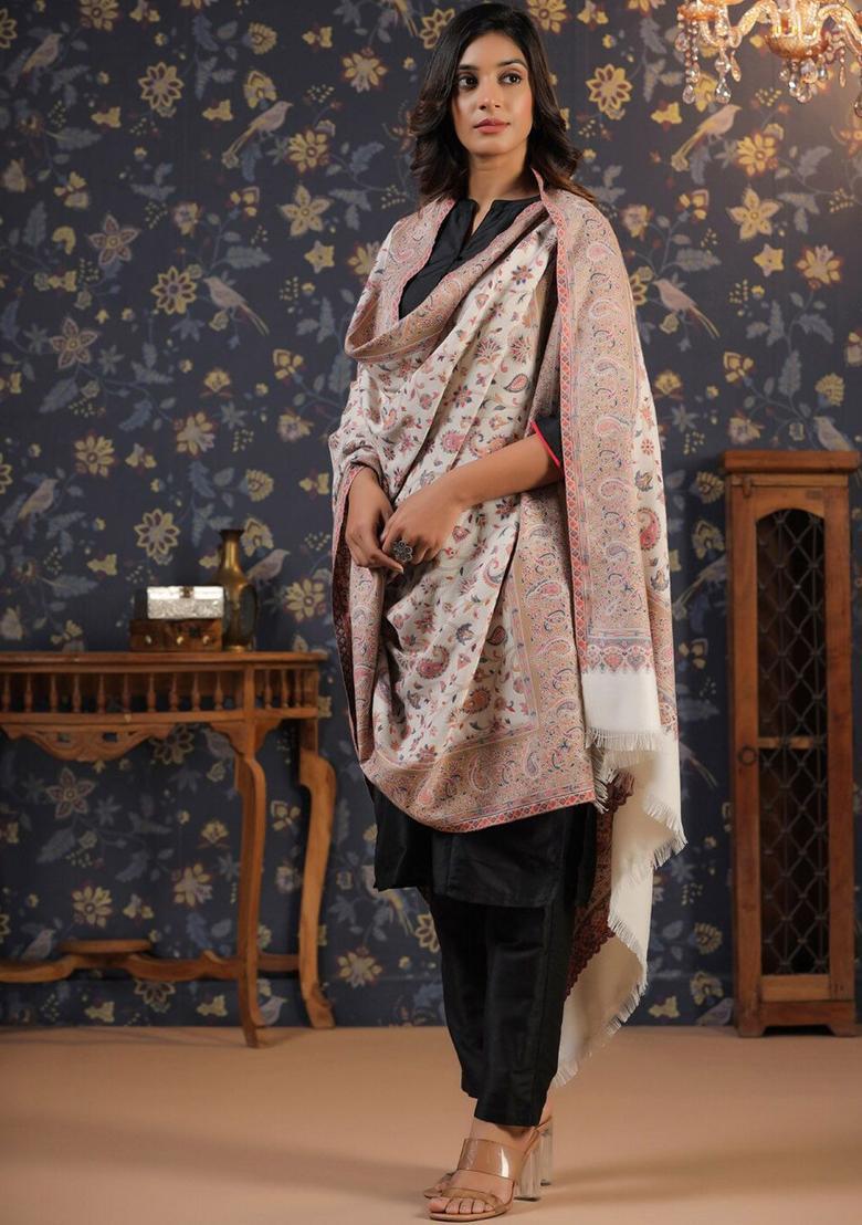 White Woven Design Woolen Shawls - Indya
