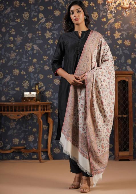 White Woven Design Woolen Shawls